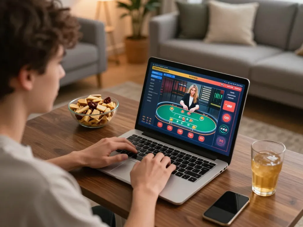 Engaging gamer using laptop for live casino betting on link w88 in cozy home setting.