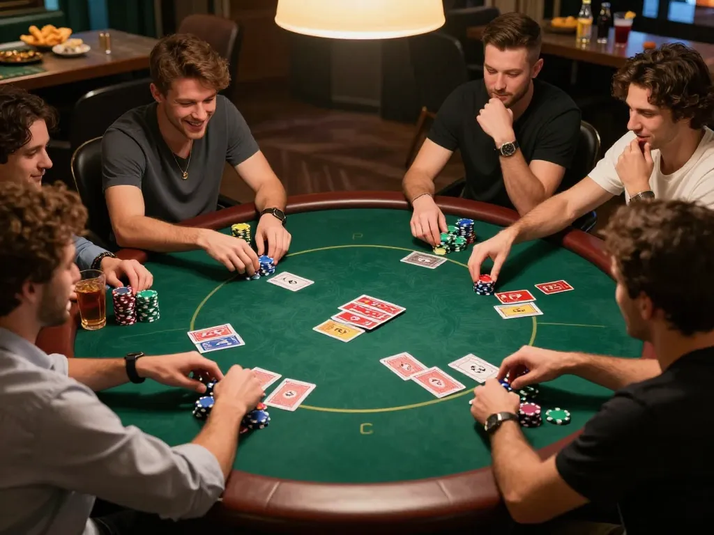 Players enjoying poker night with jokerapp123a, competitive chips and cards showcased, warm ambiance