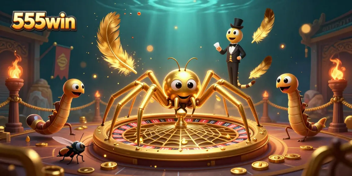 Experience thrilling bets at 555win with a golden spider and croupier in a dynamic casino scene.