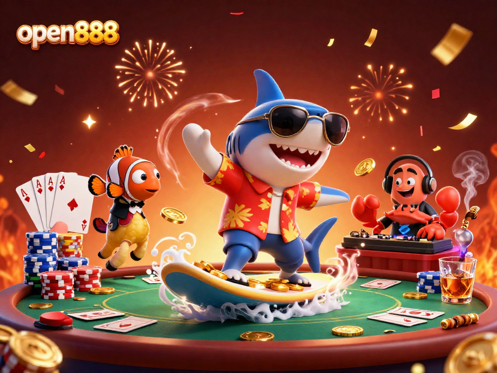 Join open888's thrilling casino adventure with a shark surfing gold coins amid poker excitement.