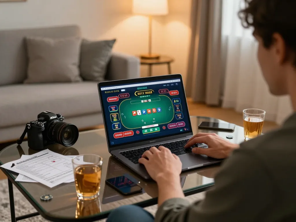 SHBET player analyzing game strategy during an online poker session at home.