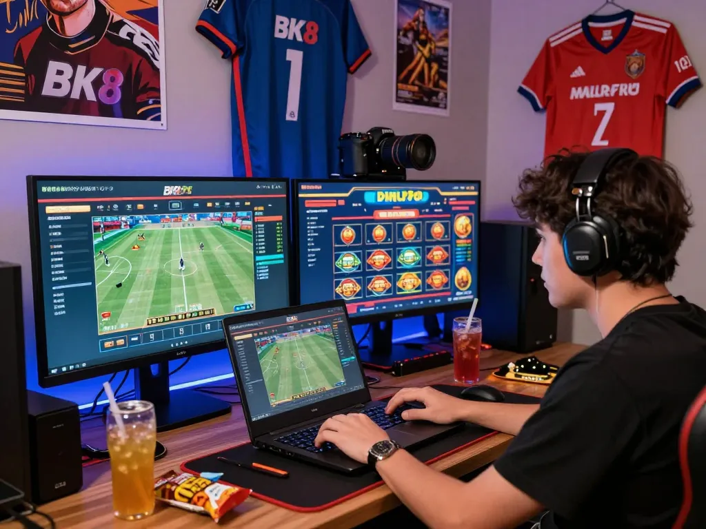Engaging BK8 online betting scene with player, laptop, and vibrant atmosphere.