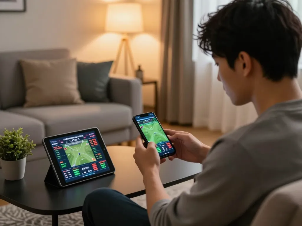 Player interacting with xin88 sports betting app on a smartphone, surrounded by relaxing home decor.