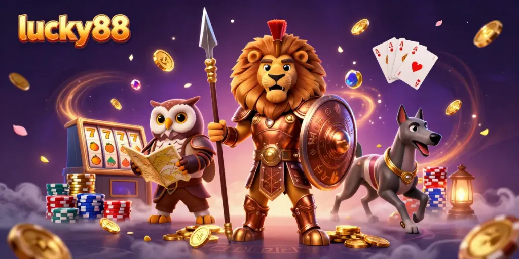Experience exhilarating wins with lucky88 through an exciting casino game scene featuring vibrant slot machine reels and dynamic characters.