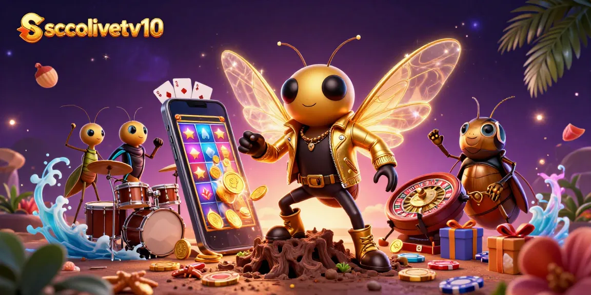 Experience slots and gaming fun with socolivetv10's lively casino illustration featuring vibrant 3D elements.