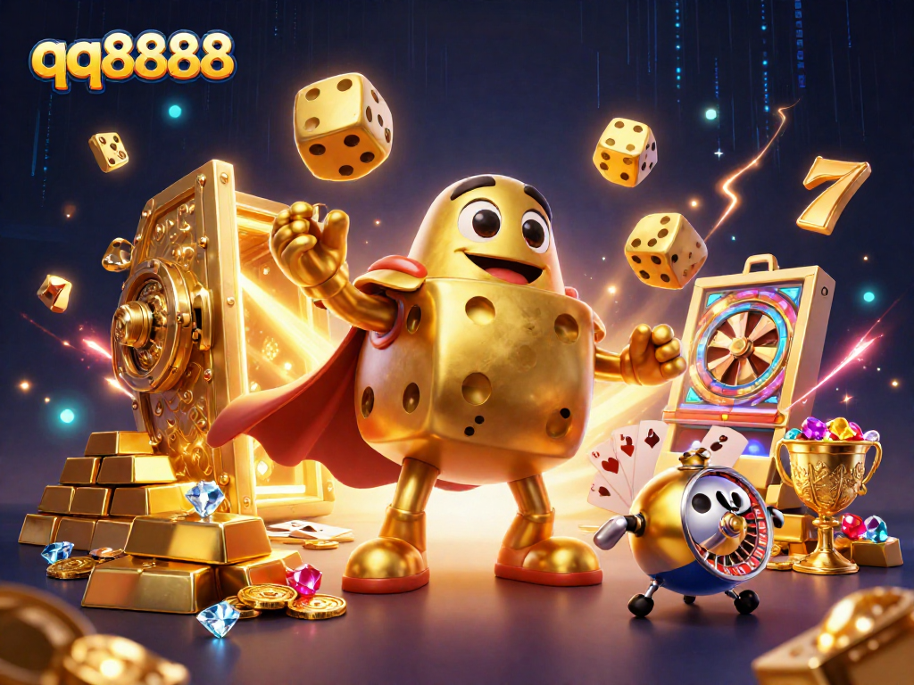 Engage with the qq8888 experience, featuring a golden dice golem juggling and a jackpot scene enriching the thrill of gaming.