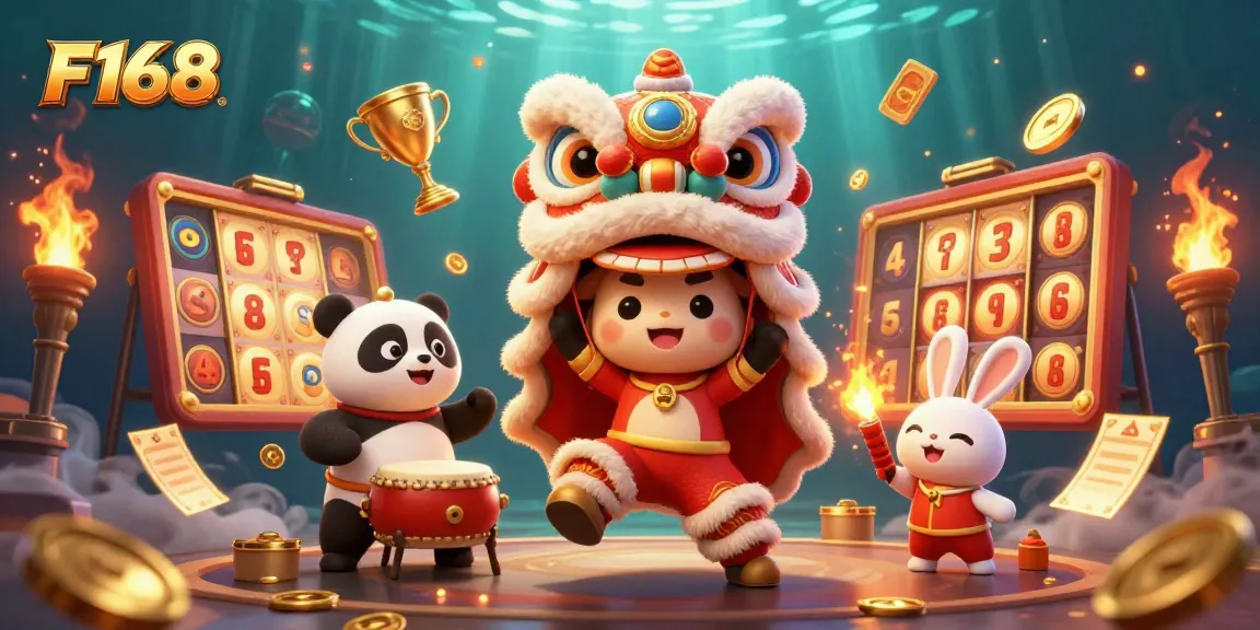 Engage with F168's exciting gaming experience featuring vibrant casino elements and festive characters.