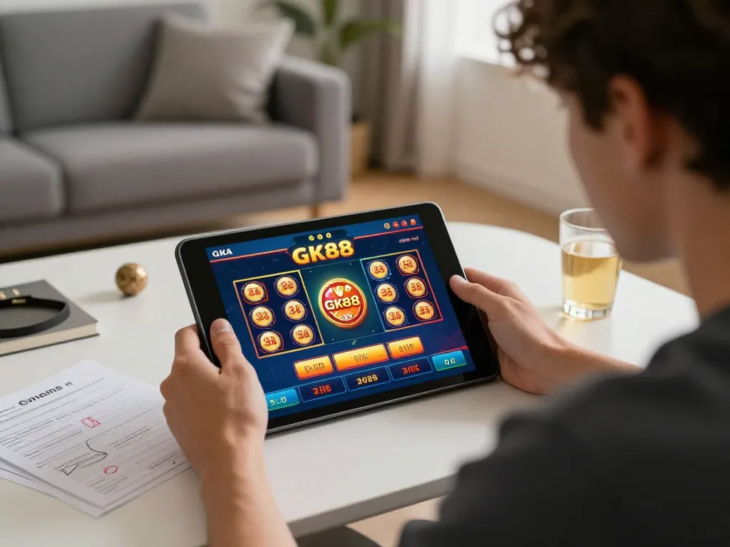 Player enjoying GK88 casino gaming on tablet in a cozy home environment, showcasing strategic engagement.