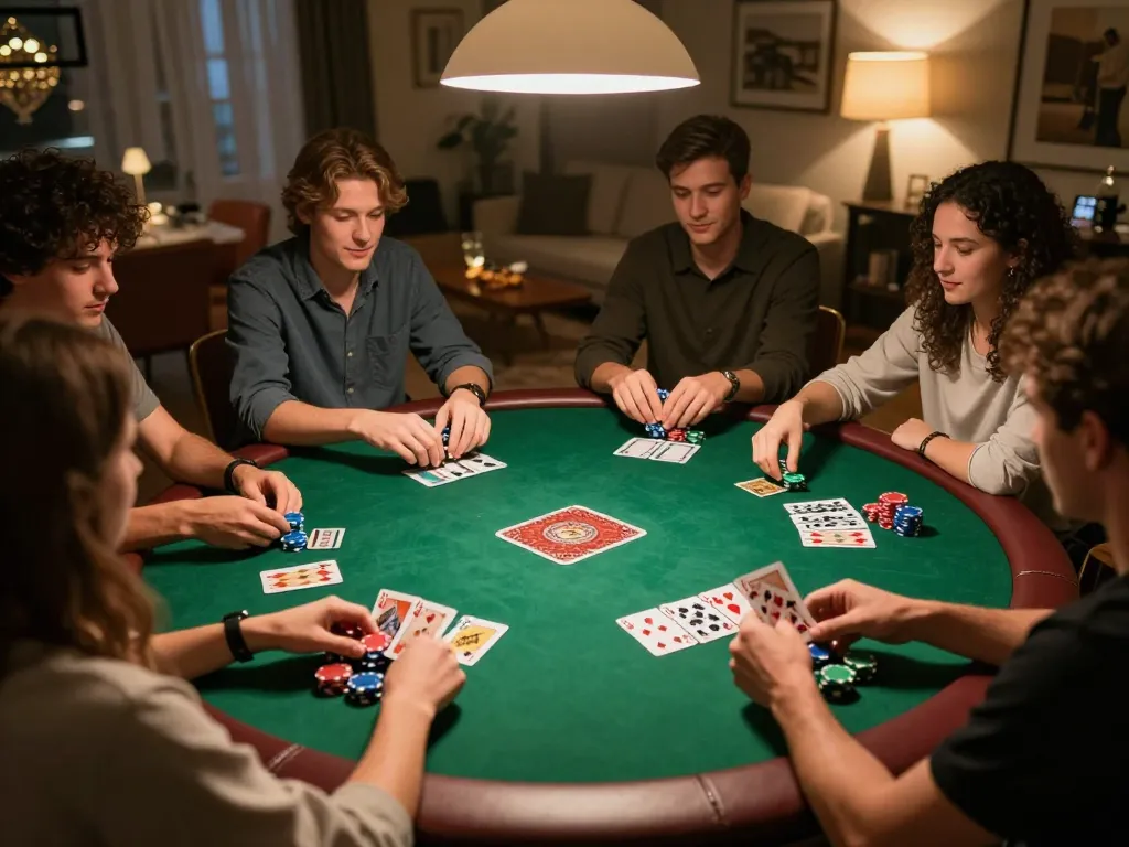 five88cd players enjoying a friendly poker night, showcasing strategic gameplay and colorful chips