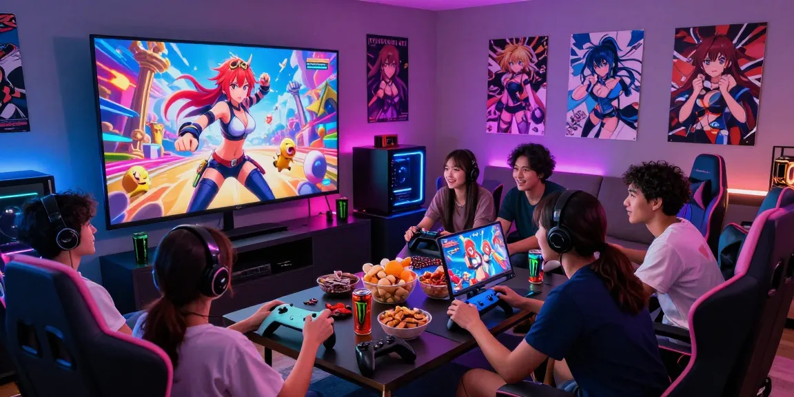 Group of friends enjoying animated hentai games on a large screen, vibrant room atmosphere.
