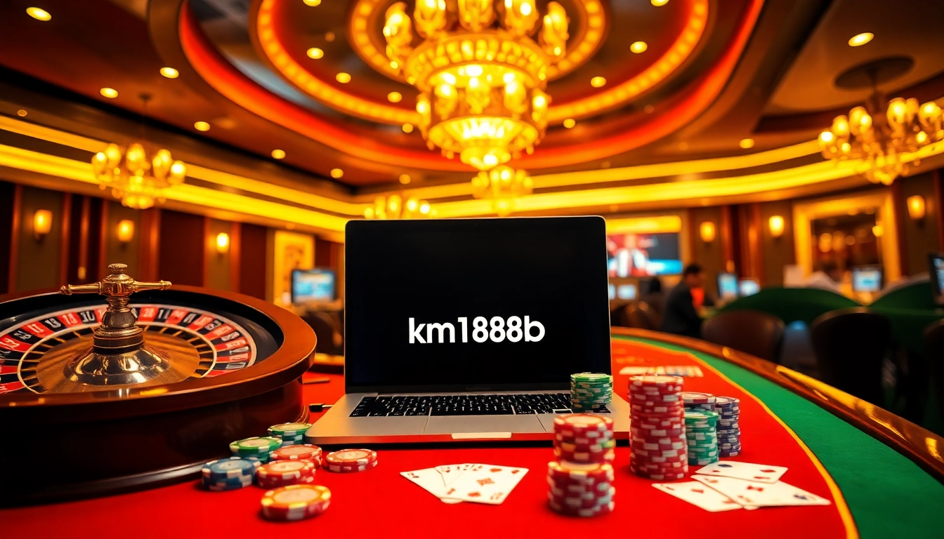 Engage with thrilling games at km1888b, highlighted by a vibrant casino setup featuring poker chips and cards.