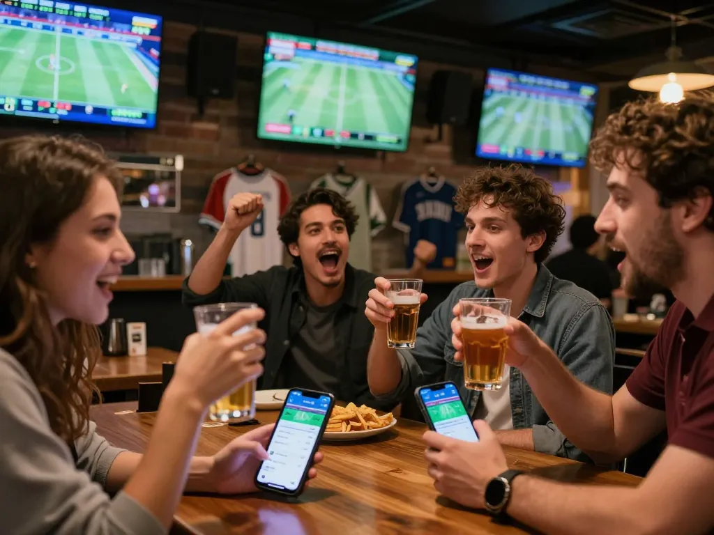 Friends celebrating sports betting wins with tic88 app during a lively game night.