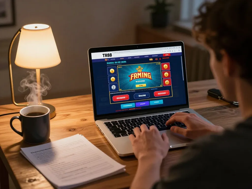 Player enjoying a TR88 casino game on laptop, showcasing strategies and immersive gameplay elements.