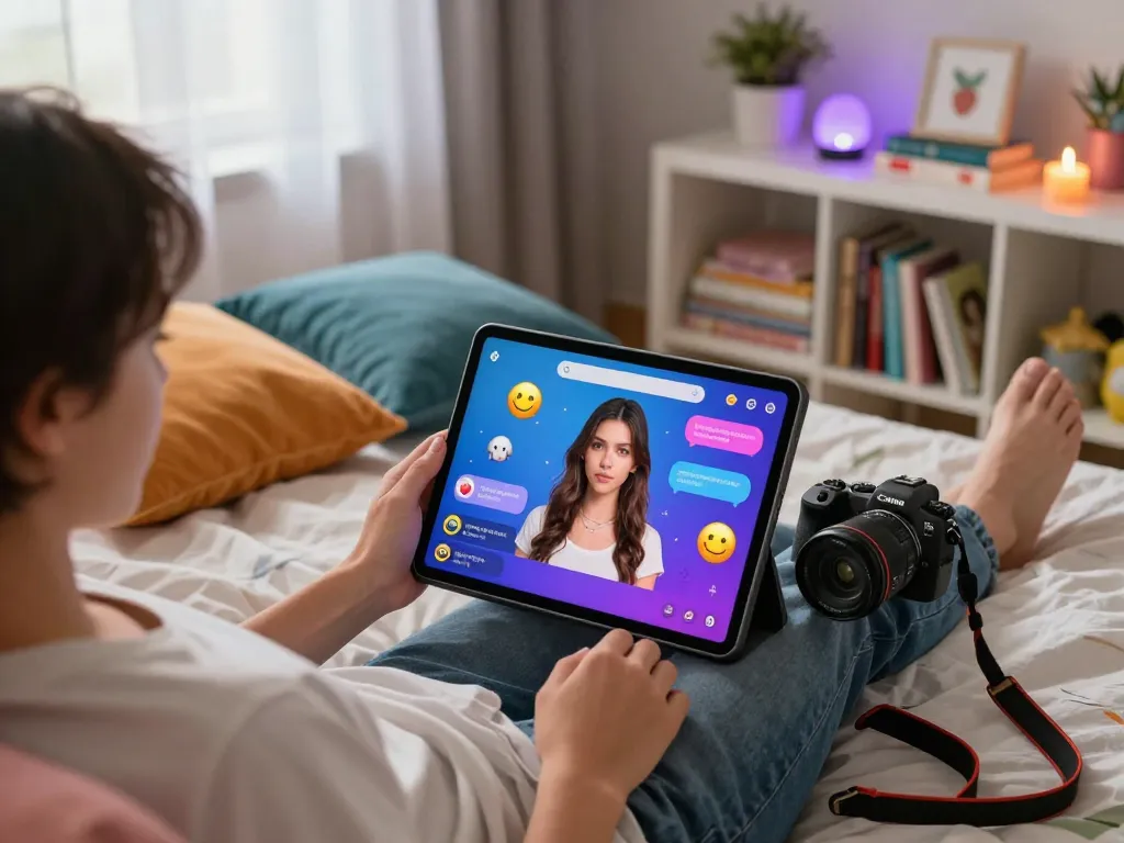 Engaging in ai porn chat on a tablet in a cozy bedroom.