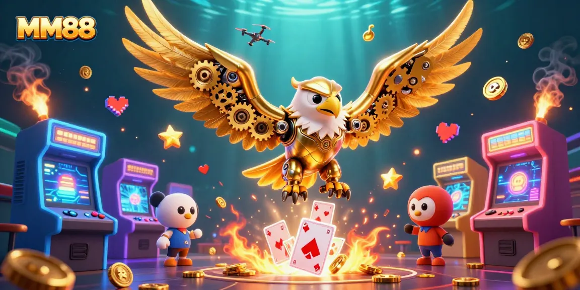 Experience the thrill of MM88 with a vibrant 3D illustration featuring a golden eagle diving through holographic cards.