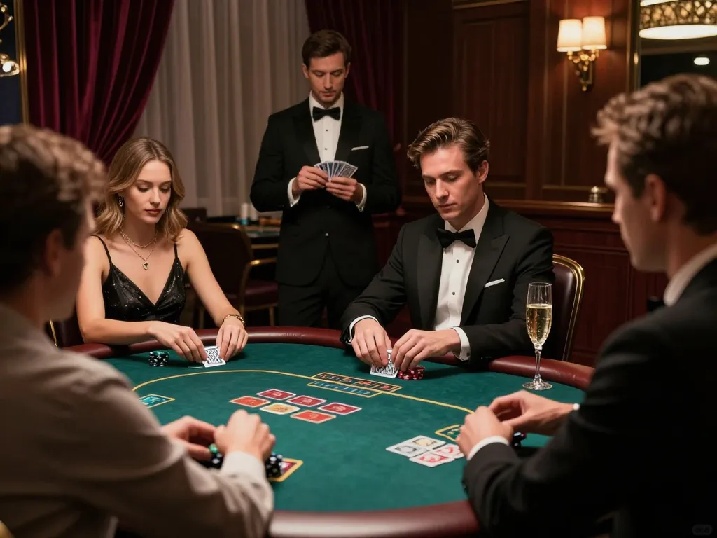 Players strategizing at QQ88pro Vip's exclusive poker table in a stylish casino.