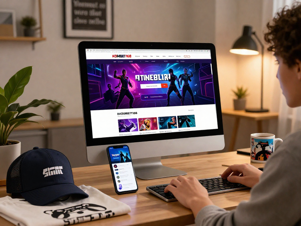 Explore the KOMBET168 online gaming platform in a cozy e-commerce shopping scene.