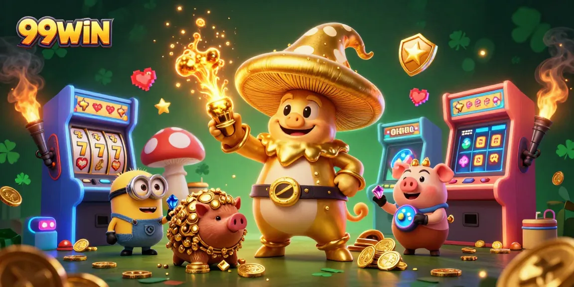 Experience the magic of 99WIN with a golden wizard and treasure-hunting minions in this vivid casino scene.