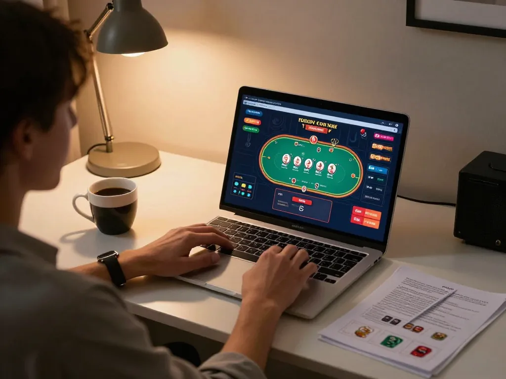 NK88 user engaging in online poker, showcasing vibrant interface and comfortable gaming setup.