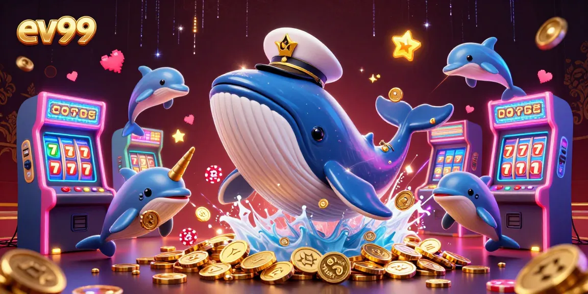 ev99 showcases thrilling casino games with a cartoon whale and friends playing poker and enjoying colorful arcade elements.