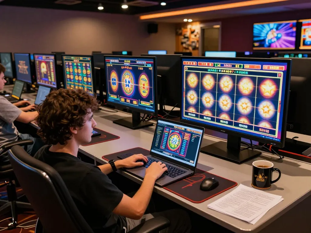 Player engaging with tg888 online casino on laptop, surrounded by vibrant slot game visuals and strategy notes