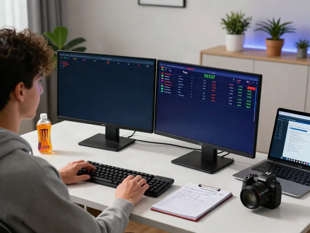 Engaged user experiencing online sports betting at https://five88.boats/ with dual monitors displaying live data.