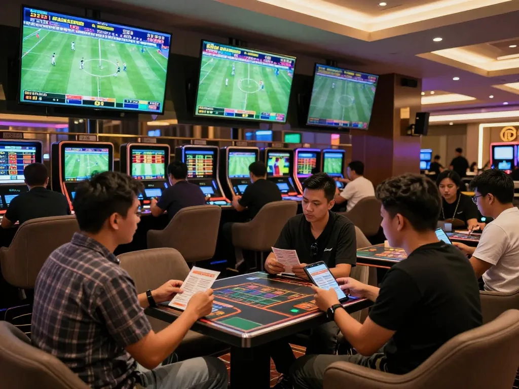 Soi kèo bóng đá scene with excited bettors analyzing matches and placing bets in a lively sports lounge.