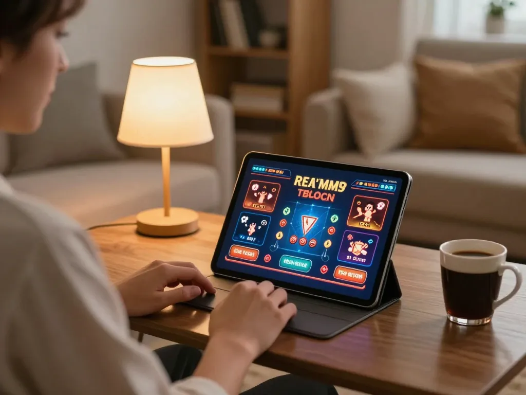 TG88 player engaging with online casino games on a tablet in a cozy living room.