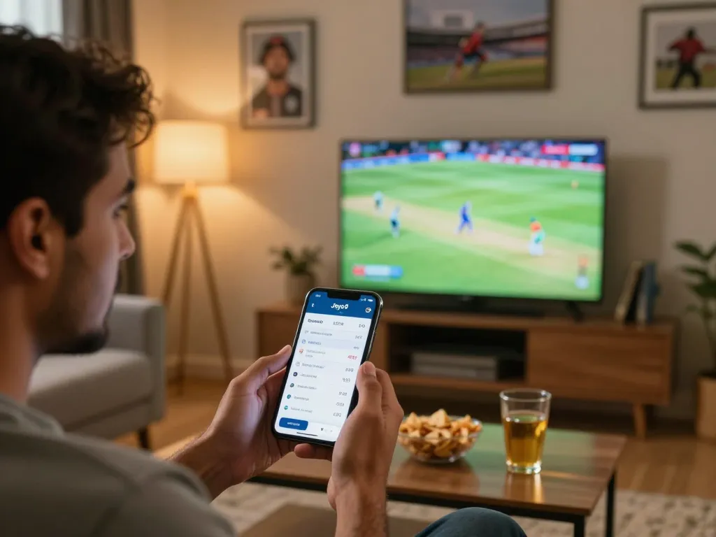 Engaged cricket fan enjoying Jaya9 best cricket betting experience at home with live match on TV.