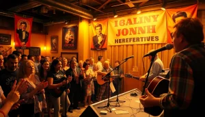 JohnnyCashBirthday.com captures a lively celebration with fans enjoying live music performances in honor of Johnny Cash.