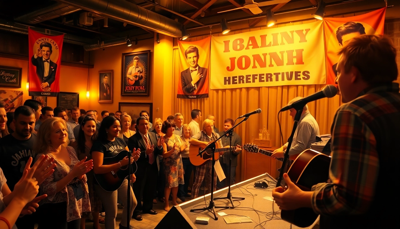 JohnnyCashBirthday.com captures a lively celebration with fans enjoying live music performances in honor of Johnny Cash.