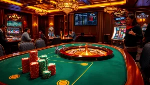 Exciting casino experience with HAYBET poker tables, vibrant slot machines, and luxury elements.