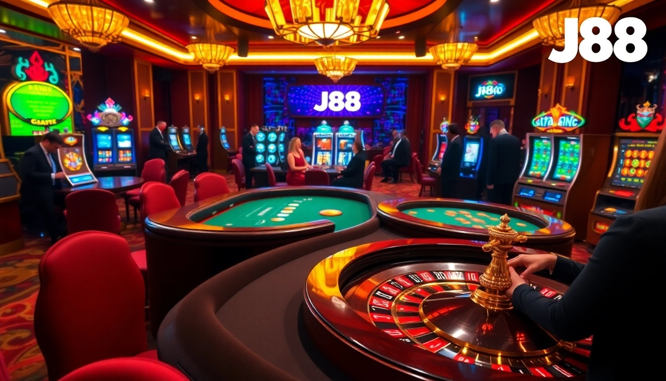 Experience the thrill of J88 casino gaming with vibrant tables and immersive action-packed scenes.