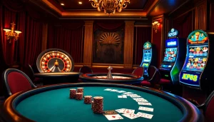 Experience the thrilling poker game at KP88 with vibrant chips and a roulette wheel.