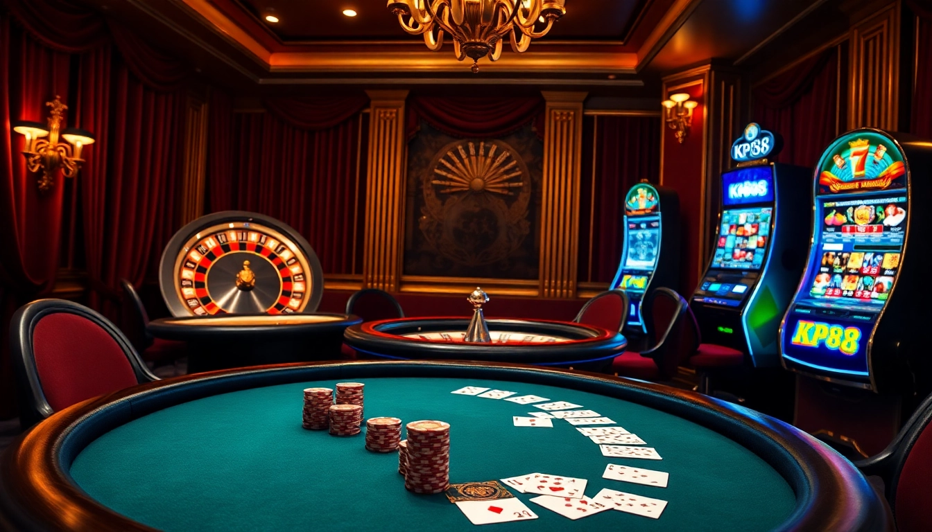 Experience the thrilling poker game at KP88 with vibrant chips and a roulette wheel.