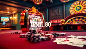 Experience excitement at nohu90 with vibrant poker chips and a spinning roulette wheel in a luxurious casino.