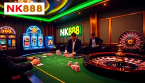 Experience excitement at NK88's premium online casino with vibrant slot machines and poker tables.