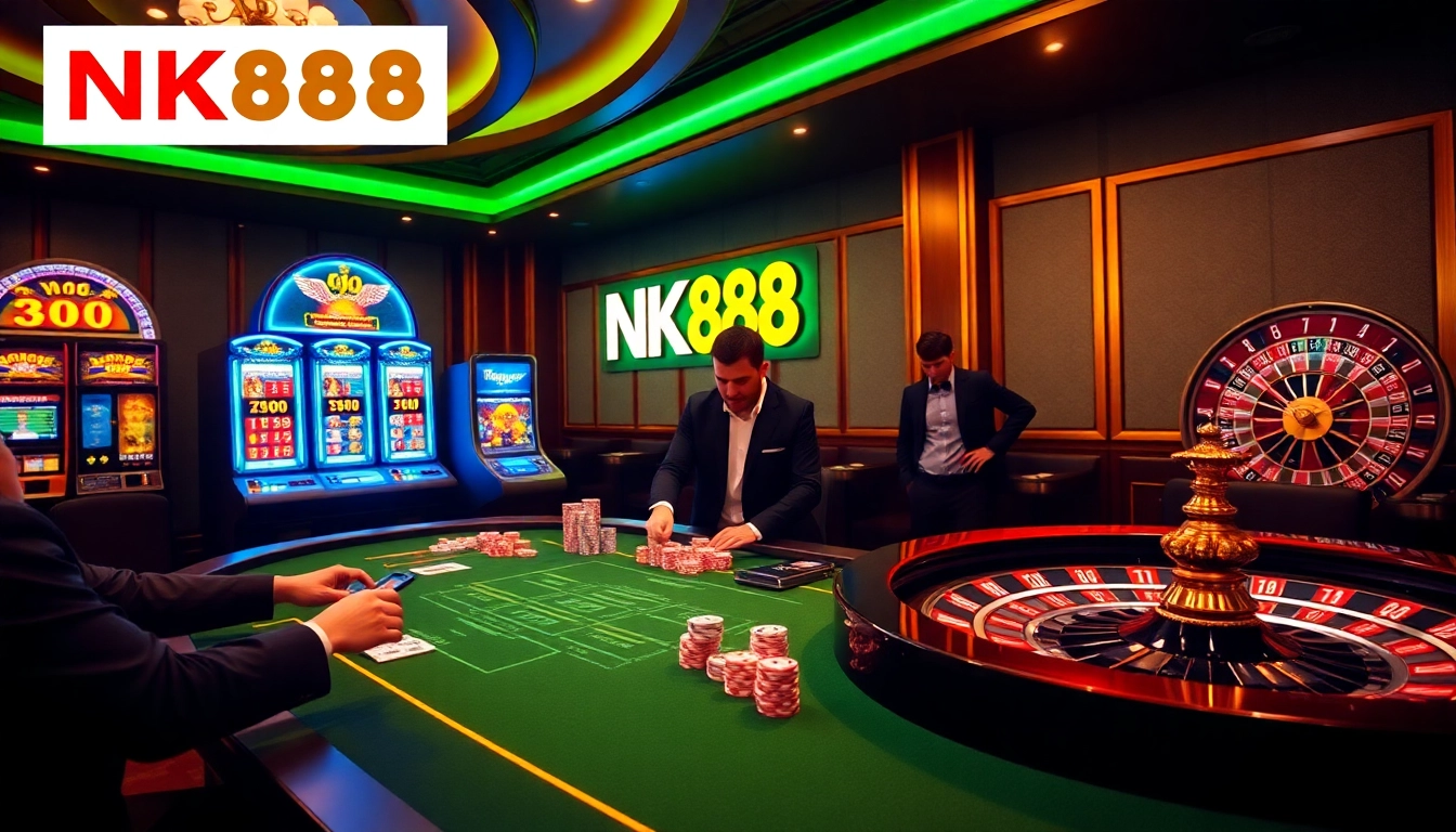 Experience excitement at NK88's premium online casino with vibrant slot machines and poker tables.