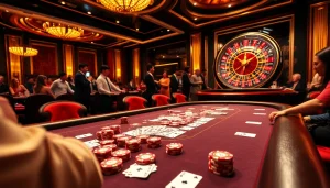 Experience high-stakes excitement with newphim's thrilling poker setup and vibrant casino atmosphere.