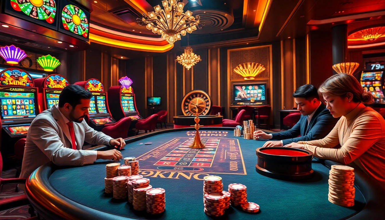Players enjoying poker at the nhà cái 79king casino, surrounded by vibrant slot machines and roulette.