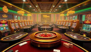 Exciting action at 789WIN casino, showcasing vibrant slot machines and a roulette wheel.