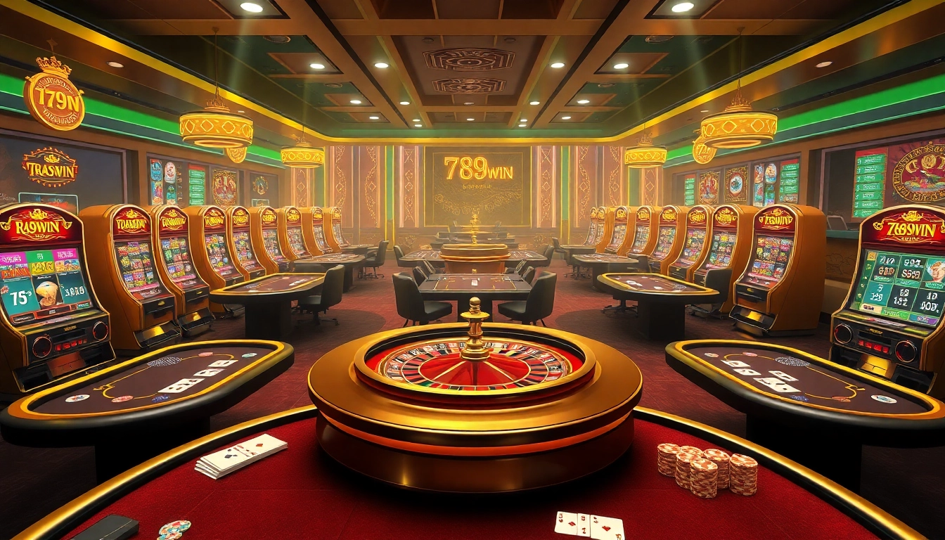 Exciting action at 789WIN casino, showcasing vibrant slot machines and a roulette wheel.