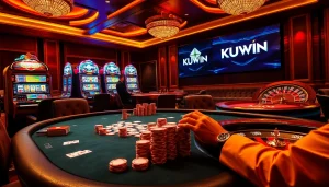 Engage with the thrilling world of KUWIN casino gaming at a luxurious poker table with vibrant chips and cards.