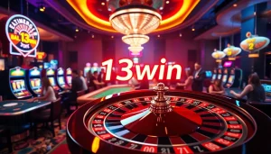 Engaging players at 13win casino with a vibrant roulette wheel and colorful slot machines.