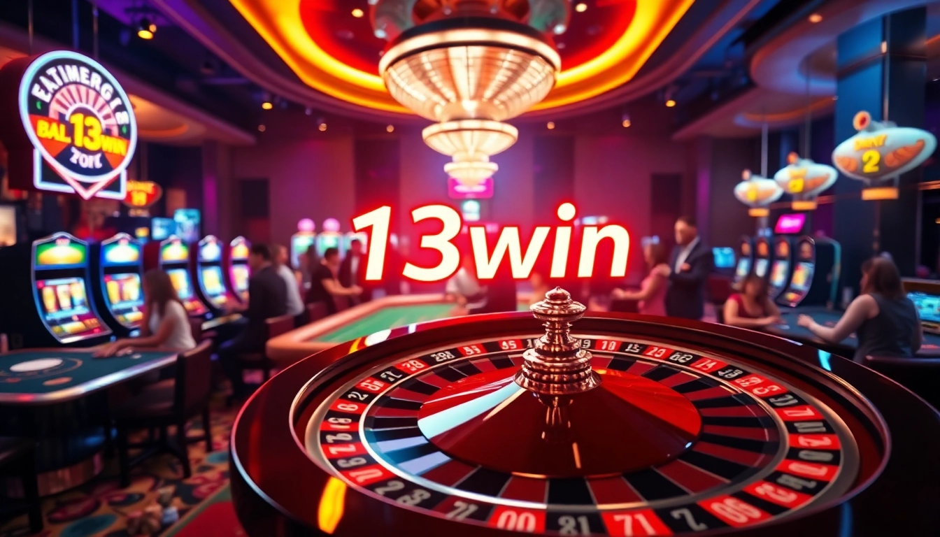 Engaging players at 13win casino with a vibrant roulette wheel and colorful slot machines.