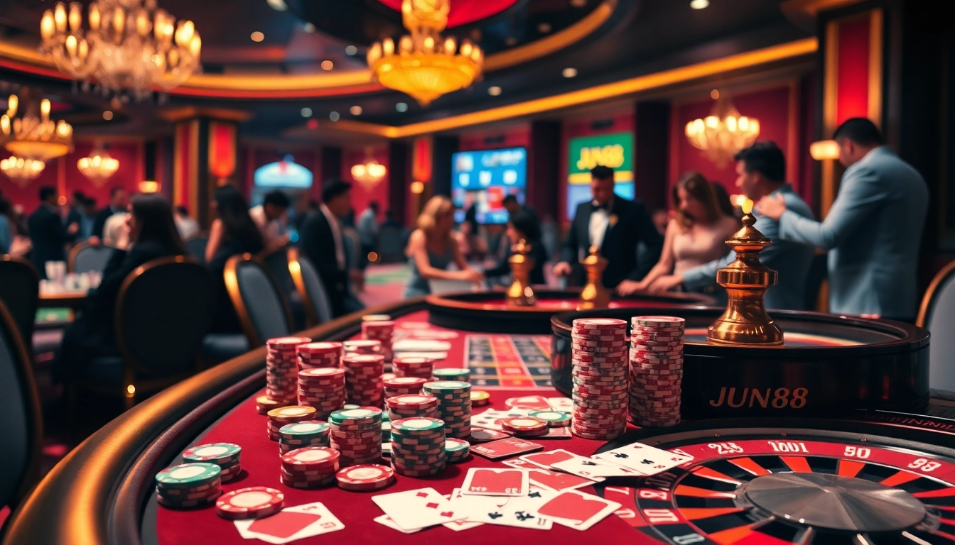 Experience thrilling gameplay at Jun88 with vibrant casino tables and engaged players.