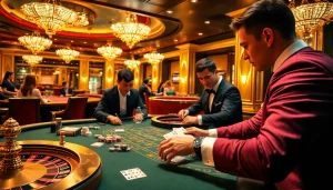 Explore the vibrant atmosphere of nhà cái uk88, featuring an upscale casino table with professional dealers and eager gamblers.