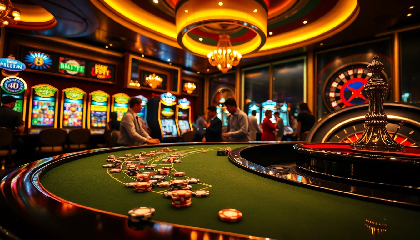 The thrilling atmosphere of gambling at bangsawan88 with an exciting blackjack table, slot machines, and poker chips.