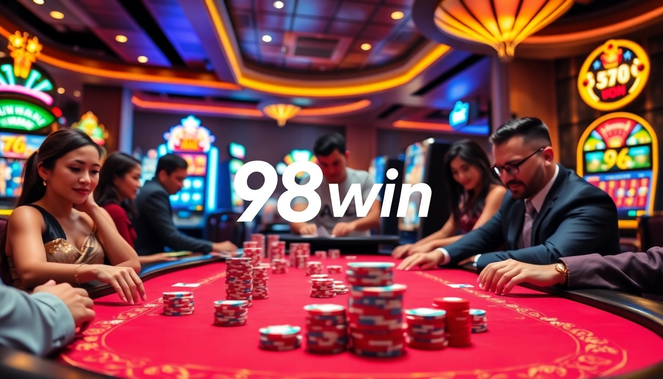Experience the thrill of gambling at 98win with a vibrant poker table scene.