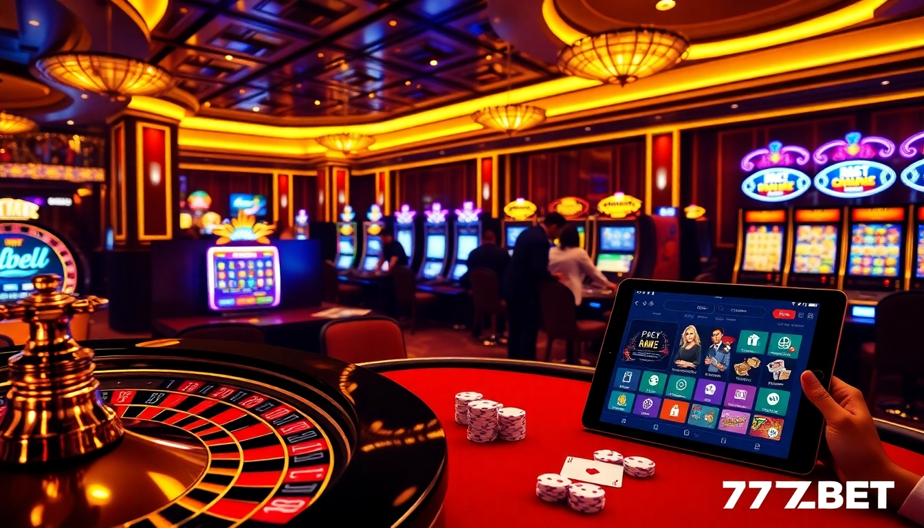 Experience the excitement at 77BET with captivating gambling scenes showcasing poker and roulette.